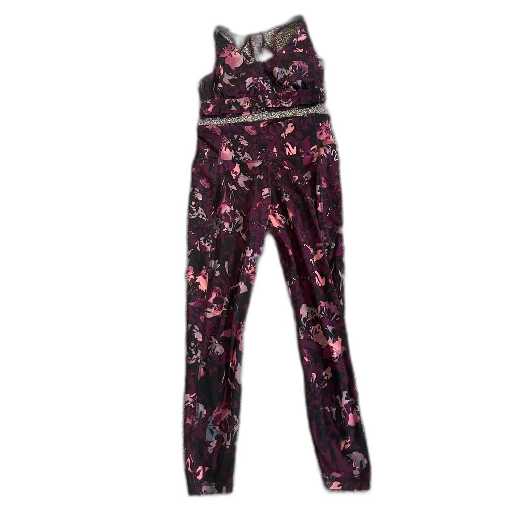 All in Motion Purple floral Contour Power Waist Leggings and Sports Bra Set M